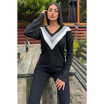 WeShaya Kadın Siyah Uzun Kollu V Yaka Color Block Pamuklu Bluz Sweatshirt Siyah