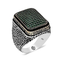 Gumush 546176995  Gümüş Yeşil Zirkon Taşlı Kare Erkek Yüzük