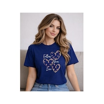 Herkesemoda Follow You Love Baskı Detaylı Kadın Bisiklet Yaka Pamuklu T-shirt Lacivert