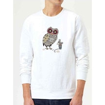 Baykuş Ve Fare Baskılı Beyaz Erkek Örme Sweatshirt (534641090)