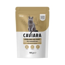 Caviara Pouch Sos İçinde Et Parçacıklı Somon Ve Alabalıklı Kısırlaştırılmış Yetişkin Kedi Konservesi 100 Gr