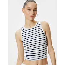 Koton Halter Yaka Kolsuz Tişört Slim Fit Viskon Kumaş Lacivert Çizgili 4sal30024ık 4SAL30024IK7S2