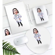 Kişiye Özel Bayan Doktor Karikatürlü Defter Kalem Kupa Mouse Pad