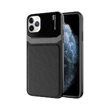 Noktaks - İphone 11 Pro Uyumlu Kılıf Deri Görünümlü Kamera Adası Parlak Emiks Kapak - Siyah - T19160