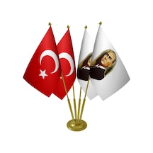 Masa Üstü Atatürk Bayrağı Türk Bayrağı Dörtlü Pirinç Direk Masa Bayrak Seti