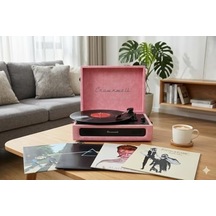 Casablanca Serisi Retro Çanta Pikap Pembe Süet Kaplama, Dahili Hoparlörlü, 3 Hızlı 33/45/78 Rpm , Bluetooth Bağlantılı, Taşınabilir Vintage Plak Çalar