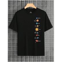Güneş Sistemi Baskılı Oversize Unisex T-shirt Siyah