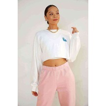 Watercolor Feather Baskılı Crop Kadın Beyaz Sweatshirt