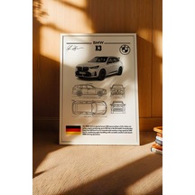 Bmw X3 Tablo - Teknik Özellikli Alman Lüks Suv Poster - Çerçeveli Duvar Dekoru - Araba Blueprint Beyaz