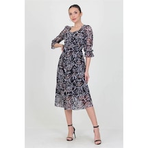 Neşeli Butik Kadın Siyah Kalp Yaka Yeni Sezon Desenli Şifon Elbise Ry0030 Siyah