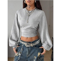 Kadın Bisiklet Yaka Belden Oturtmalı Tasarım Sweatshirt Gri