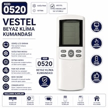 Vestel 0520 Beyaz Klima Kumandası Lcd Ekranlı Isıtma Soğutma Fan Mod Ayarlı Yedek Kumanda