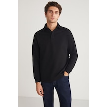 JOHN  Erkek Polo Sweat Gömlek Yakalı Arkası Uzun Yırtmaçlı Diagonel Kumaşlı Siyah Sweatshirt