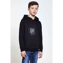 Tshirthane Cartoon Wolf Baskılı Unisex Çocuk Kapüşonlu Siyah Sweatshirt Siyah