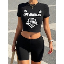 Tarzsokak Seksi Los Angeles Kaliforniya Takımı Baskılı Babby Teelar Şortlar Kadın Yazlık İki Parçalı Set Siyah