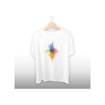 Renkli Pusula Detaylı Unisex Tişört Beyaz