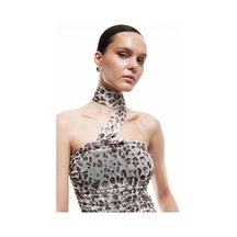 Koton Tül Boyundan Fular Detaylı Drapeli Leopar Desenli Crop Straplez Bluz Kahverengi Desenli 5sak10083uk