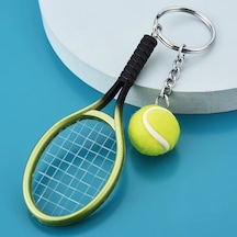 Güncelçarşı Mini Gerçekçi Tenis Raketi Ve Topu Anahtarlık, Hediyelik Anahtarlık Metal Anahtarlık Tenis Topu Kolye Ucu Yeşil