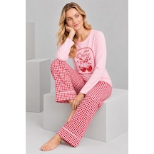 Pijamask Kadın Pembe Kiraz Baskılı Kırmızı Ekose Bol Paça Pamuklu Pijama Takımı Pudra