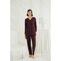 Ang Butik Kadın Uzun Kollu Boydan Düğmeli V Yaka Pijama Takımı Mürdüm
