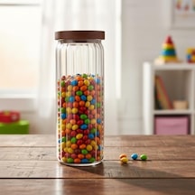Akasya Kapaklı Uzun Çizgili Cam Kavanoz 1250 Ml Hava Geçirmez, Modern Fitilli Tasarım Gıda Saklama Kabı Makarna, Bakliyat, Kahve Ve Çay Kavanozu 9x25 Cm Açık Kahverengi