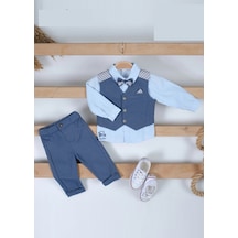 Lamato Baby Çizgi Garni Yelekli 3'lü Takım Mavi