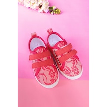 Çift Cırtlı Dantelli Keten Spor Çocuk Ayakkabısı-fuşya-f-4005 Fuşya