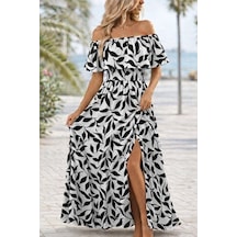 Kadın Madonna Yaka Göğüs Lastikli Yırtmaçlı Uzun Desenli Süprem Elbise - 55286 2xl/3xl Beyaz Desenli