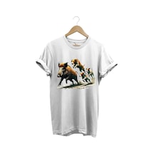 Avcılık Hunter Domuz Avı Ve Av Köpekleri Baskılı Regular Fit %100 Pamuk Beyaz T-shirt Beyaz