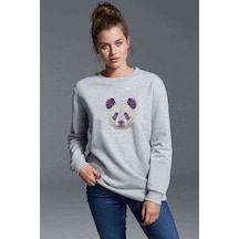 Polygonal Head Panda Baskılı Gri Kadın Sweatshirt