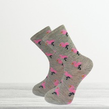 Flamingo Desenli Gri Kadın Soket Çorap - Fldg-1