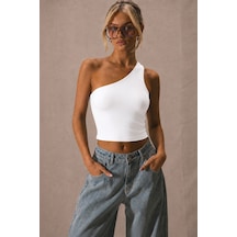 Cool Tarz Kadın Tek Omuz Crop Atlet Esnek Slim Fit Süprem Kumaş Asimetrik Yaka Bluz Beyaz Beyaz