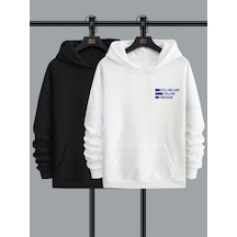 2'li Still Freedom Kalın Kışlık Sweatshirt - Siyah Beyaz Baskılı Oversize Kapüşonlu Siyah Beyaz