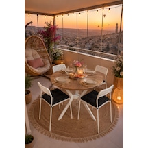 Çam 4 Kişilik Minderli Balkon Takımı, Balkon Masası, Balkon Sandalyesi, Yuvarlak Masa, Yemek Masası, Mutfak Masa Sandalye Takımı, 4 Sandalye 1 Masa Çam/beyaz-beyaz