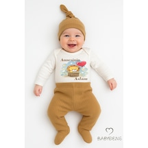 Babyden's Annesinin Aslanı Baskılı 3 Lü Bebek Takımı Uzun Kol Çıtçıtlı Zıbın, Ribana Pantolon,bere %100 Pamuk Açık Kahverengi