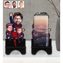Kişiye Özel Süper Baba 2 Çocuk Karikatürlü Ahşap Biblo Telefon St