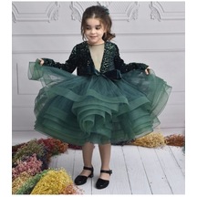Kız Çocuk Zümrüt Yeşili Payetli Kadife Ekstra Kabarık Önden Üçgen Dekolteli Elbise