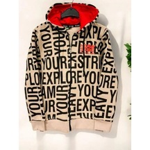 Erkek Çocuk Harf Baskılı Şardonlu Kapüşonlu Hırka-14808 Bej