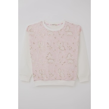 Breeze Kız Çocuk Sweatshirt Pullu Kelebek İşlemeli Tülü Çiçek Detaylı 8-12 Yaş, Pembe Pembe