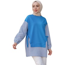 Kadın Mavi Kolu Ve Beli Kare Desen Kuşaklı Tunik-33211-mavi