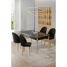 Canisa Rada Serisi 80x132 Açılabilir Lak Panel Siyah Mermer Desen Masa 4 Siyah Sandalye Gold Detay Masa Siyah Mermer Desen Sandalye Siyah