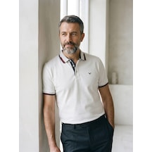 Maccali Erkek Beyaz Amblemli Kontrast Biyeli Polo Yaka Tişört