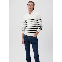 Mavi - Çizgili Beyaz Kazak 0710131-70057 Beyaz