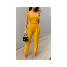 DefyModa Kadın Tasarım Tül Kumaş Kare Yaka Kuşaklı Tulum Sarı