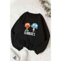 Unisex Gumball Baskılı Bisiklet Yaka Sweatshirt Siyah