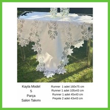 Bezos Salon Takımı 5 Parça Keten Masa Örtüsü Runner Seti Çeyizlik Kayla Model No 2323 Krem-krem Dmc