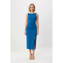 Benerly Kadın Kolsuz Balıkçı Yaka Bodycon Maxi Elbise Astarlı Micro Dokum Petrol