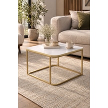 Sulorahome Beyaz Kare Orta Sehpa Gold Metal Ayaklı Beyaz - Altın