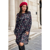 Lacivert Yuvarlak Yaka, Zincir Desenli, Midi Elbise Lacivert