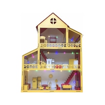 Ahşap Oyun Evi 80Cm 21 Eşya Sarı-Kırmızı Led Işıklı